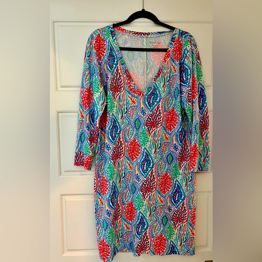 Lily Pulitzer Erin 3/4 sleeve V-neck dress sea coral reef XL